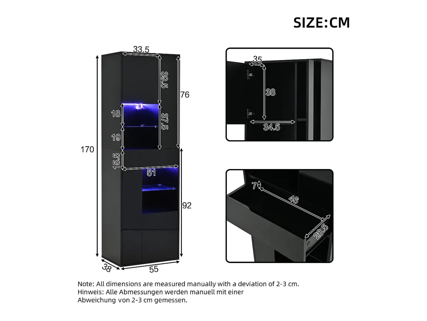 Vitrine alto brilho 55x38x170 cm - 1 gaveta e 4 portas - com iluminação LED - Preto