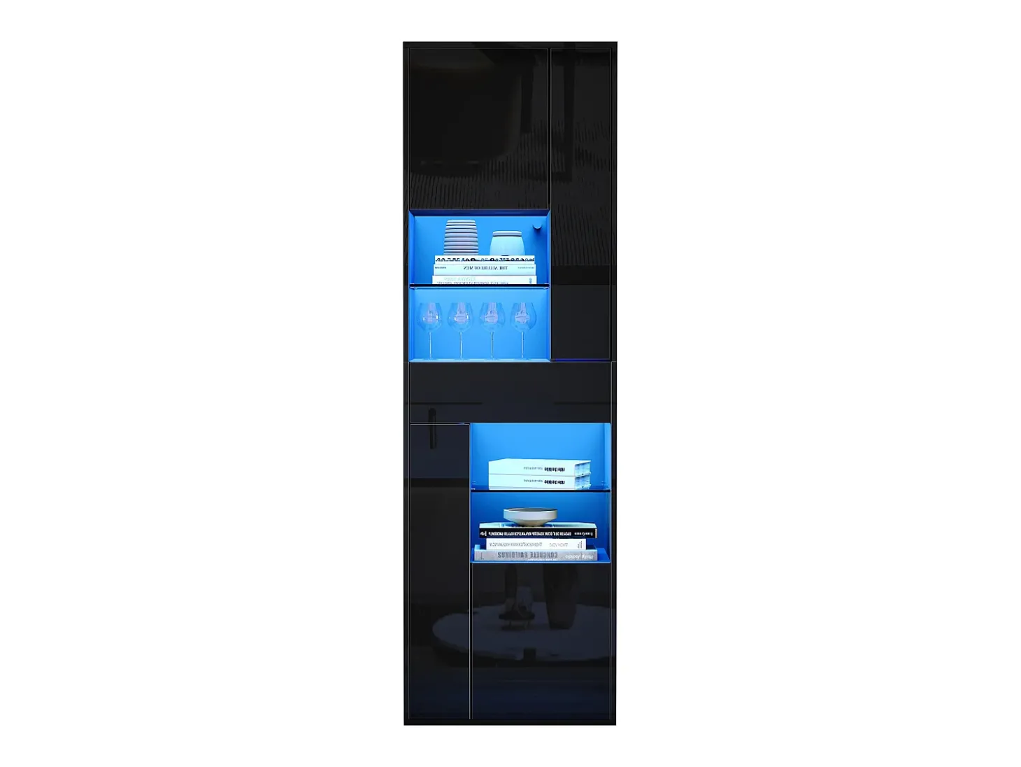 Vitrine alto brilho 55x38x170 cm - 1 gaveta e 4 portas - com iluminação LED - Preto