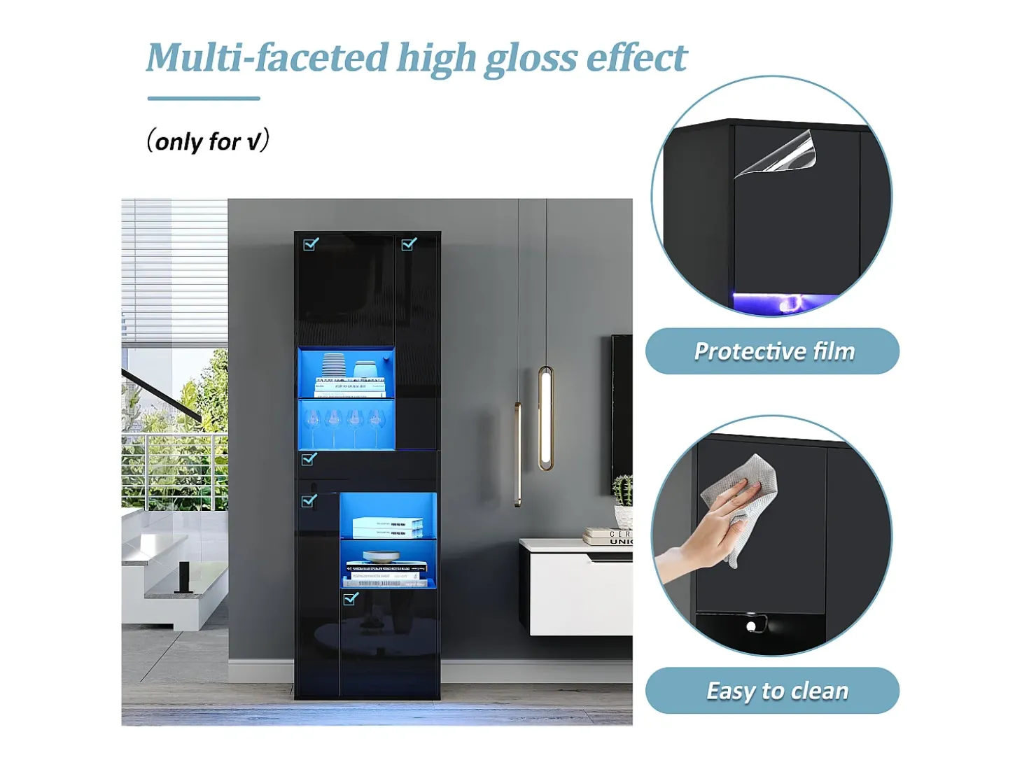Vitrine alto brilho 55x38x170 cm - 1 gaveta e 4 portas - com iluminação LED - Preto