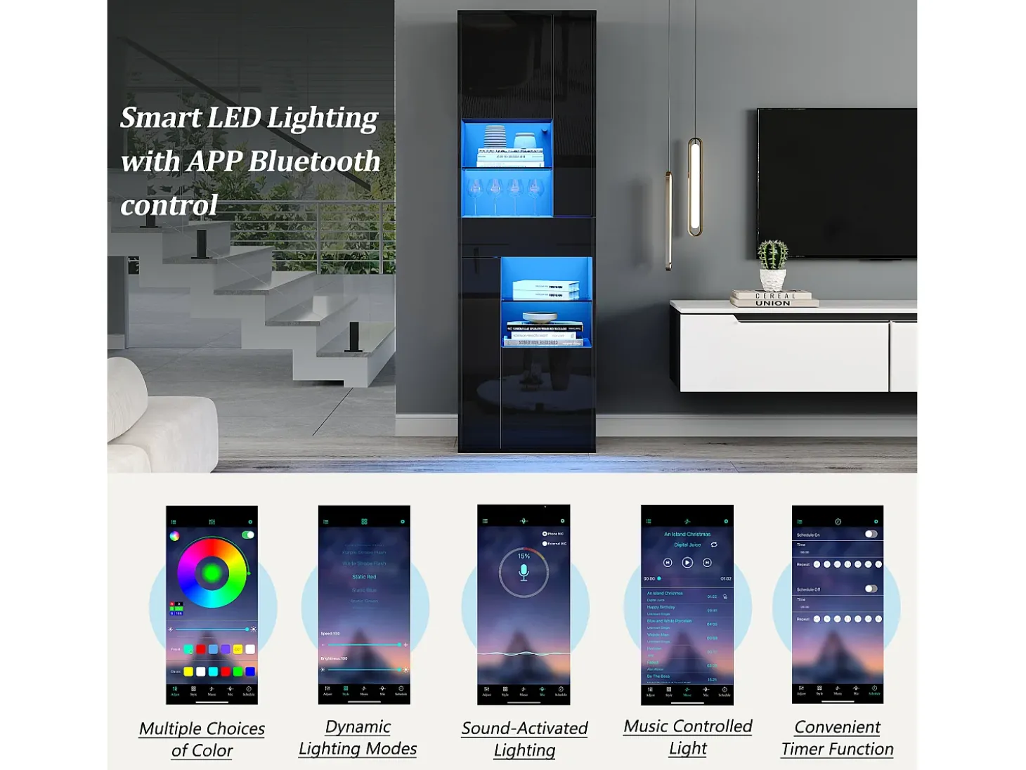 Vitrine alto brilho 55x38x170 cm - 1 gaveta e 4 portas - com iluminação LED - Preto