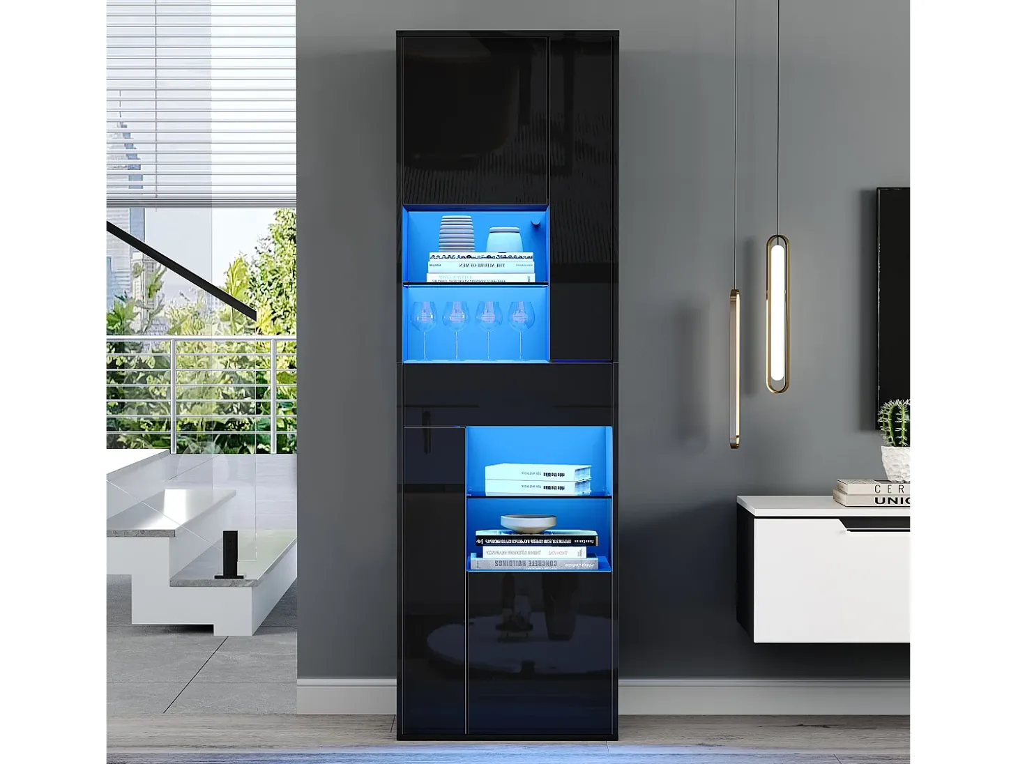 Vitrine alto brilho 55x38x170 cm - 1 gaveta e 4 portas - com iluminação LED - Preto