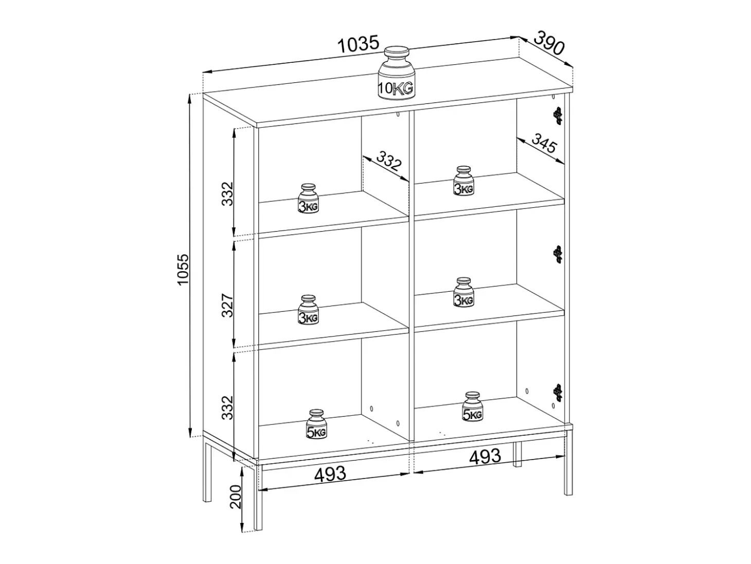 Vitrine baixa moderna com frente canelada, 104×126×39 cm, Caxemira / Ouro