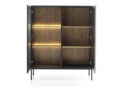 Vitrine baixa moderna com frente canelada, 104×126×39 cm, Preto / Carvalho Wotan