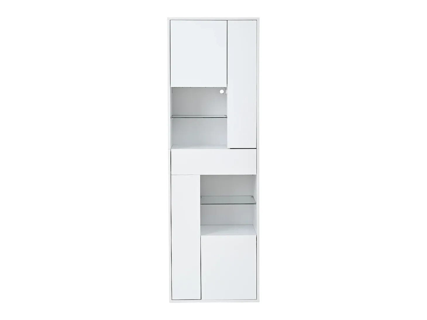 Vitrine branca com 1 gaveta, 4 portas e iluminação LED, prateleiras em vidro, 55x38x170 cm