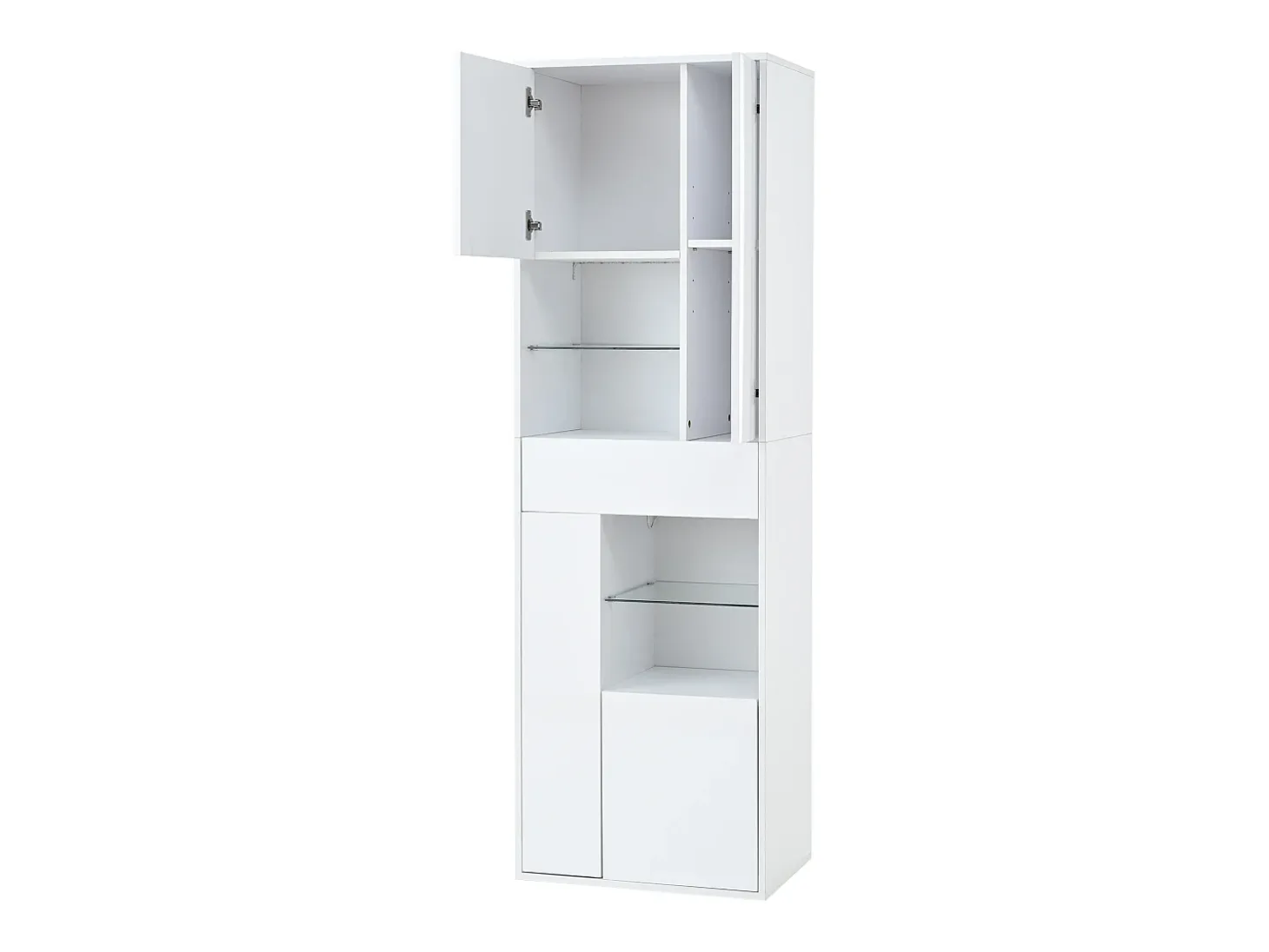 Vitrine branca com 1 gaveta, 4 portas e iluminação LED, prateleiras em vidro, 55x38x170 cm