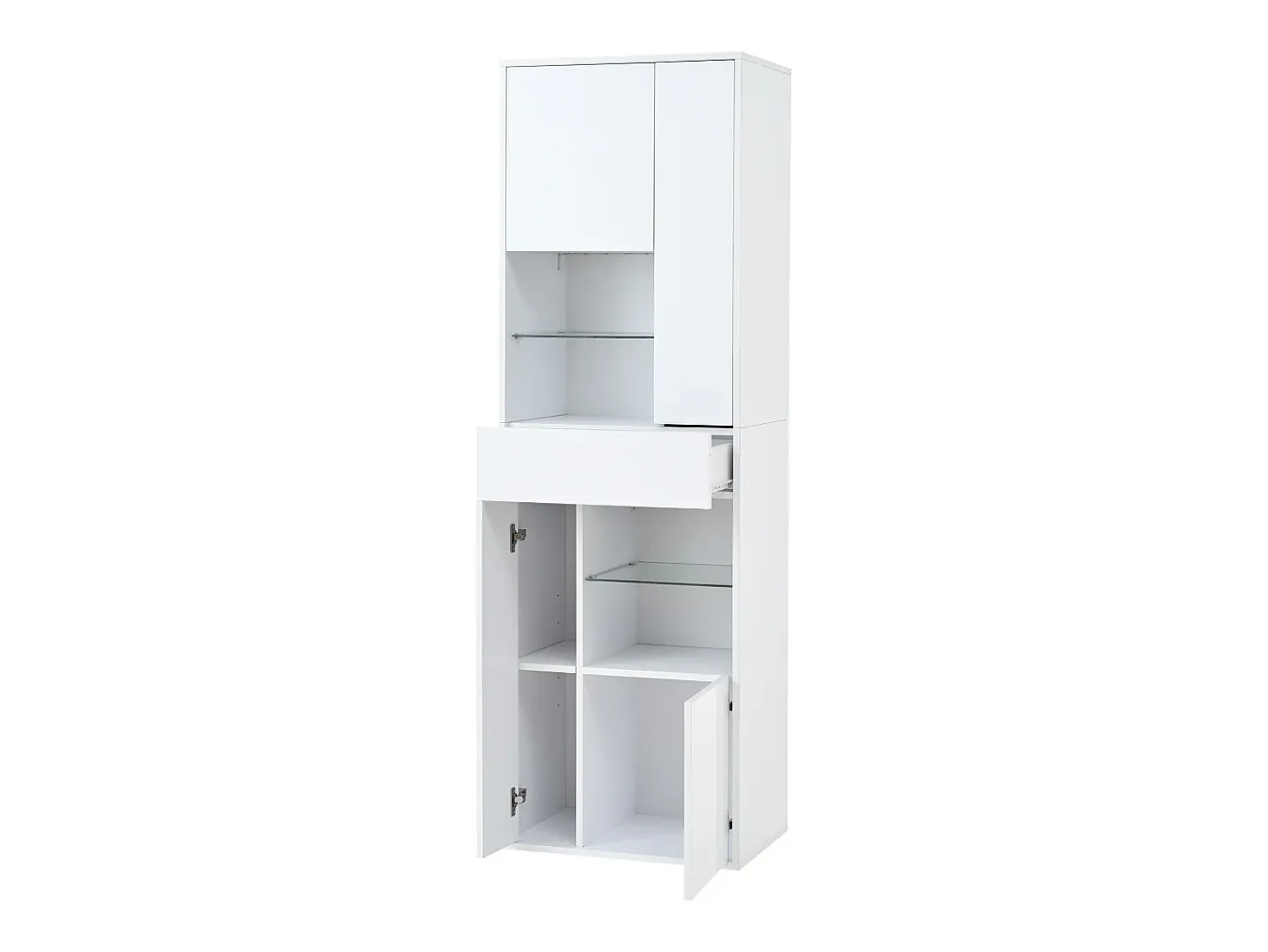 Vitrine branca com 1 gaveta, 4 portas e iluminação LED, prateleiras em vidro, 55x38x170 cm
