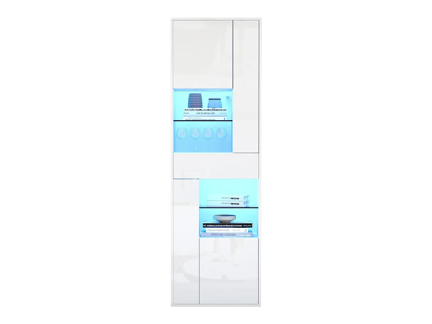 Vitrine branca com 1 gaveta, 4 portas e iluminação LED, prateleiras em vidro, 55x38x170 cm