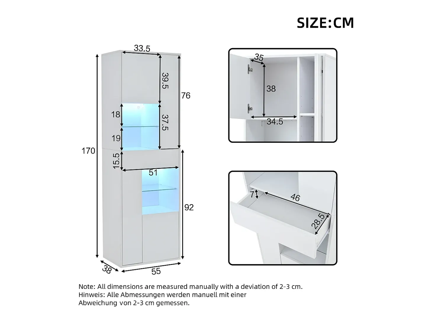 Vitrine branca com 1 gaveta, 4 portas e iluminação LED, prateleiras em vidro, 55x38x170 cm