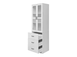 Vitrine branca com 3 gavetas, 2 portas de vidro e luzes LED, prateleiras ajustáveis