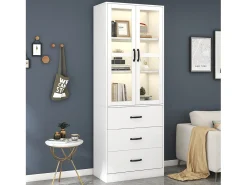 Vitrine branca com 3 gavetas, 2 portas de vidro e luzes LED, prateleiras ajustáveis