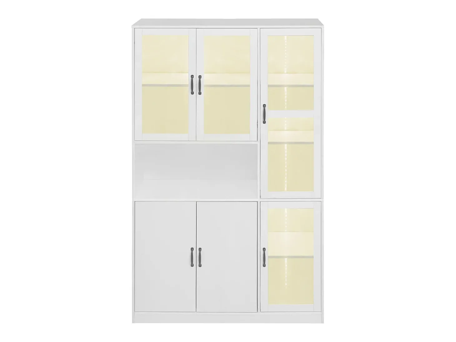 Vitrine branca com 2 portas, 4 portas de vidro e luzes LED, puxadores pretos