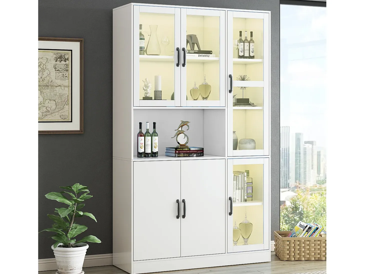 Vitrine branca com 2 portas, 4 portas de vidro e luzes LED, puxadores pretos