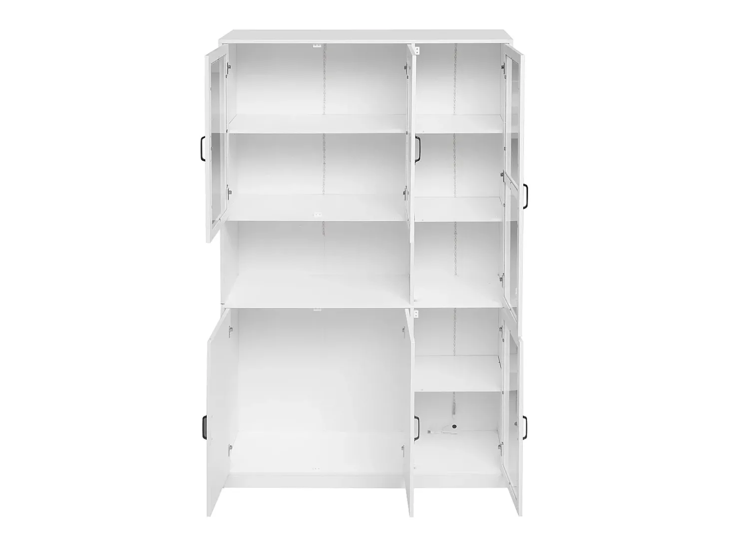 Vitrine branca com 2 portas, 4 portas de vidro e luzes LED, puxadores pretos