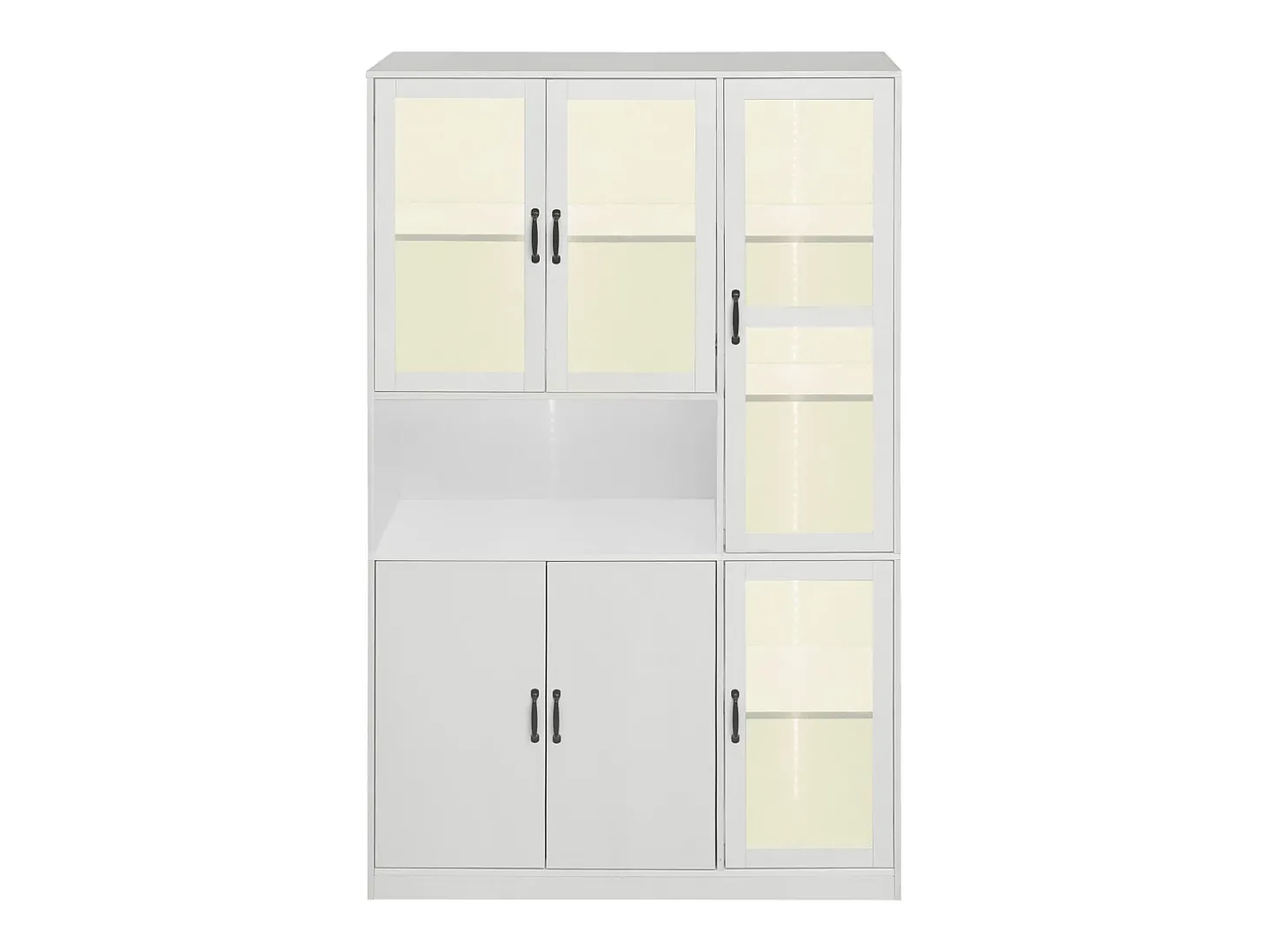 Vitrine branca com 2 portas, 4 portas de vidro e luzes LED, puxadores pretos