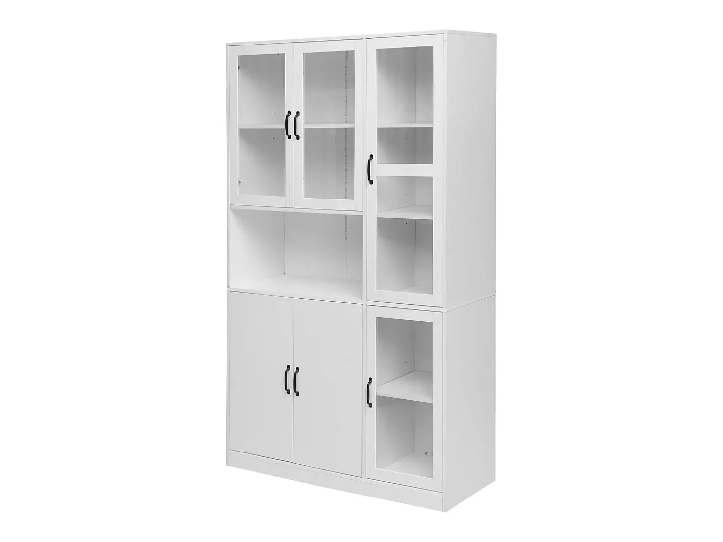 Vitrine branca com 2 portas, 4 portas de vidro e luzes LED, puxadores pretos