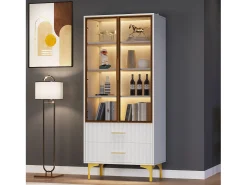 Vitrine branca com 2 portas de vidro marrom e 2 gavetas, LED incluso - 70x35x150cm