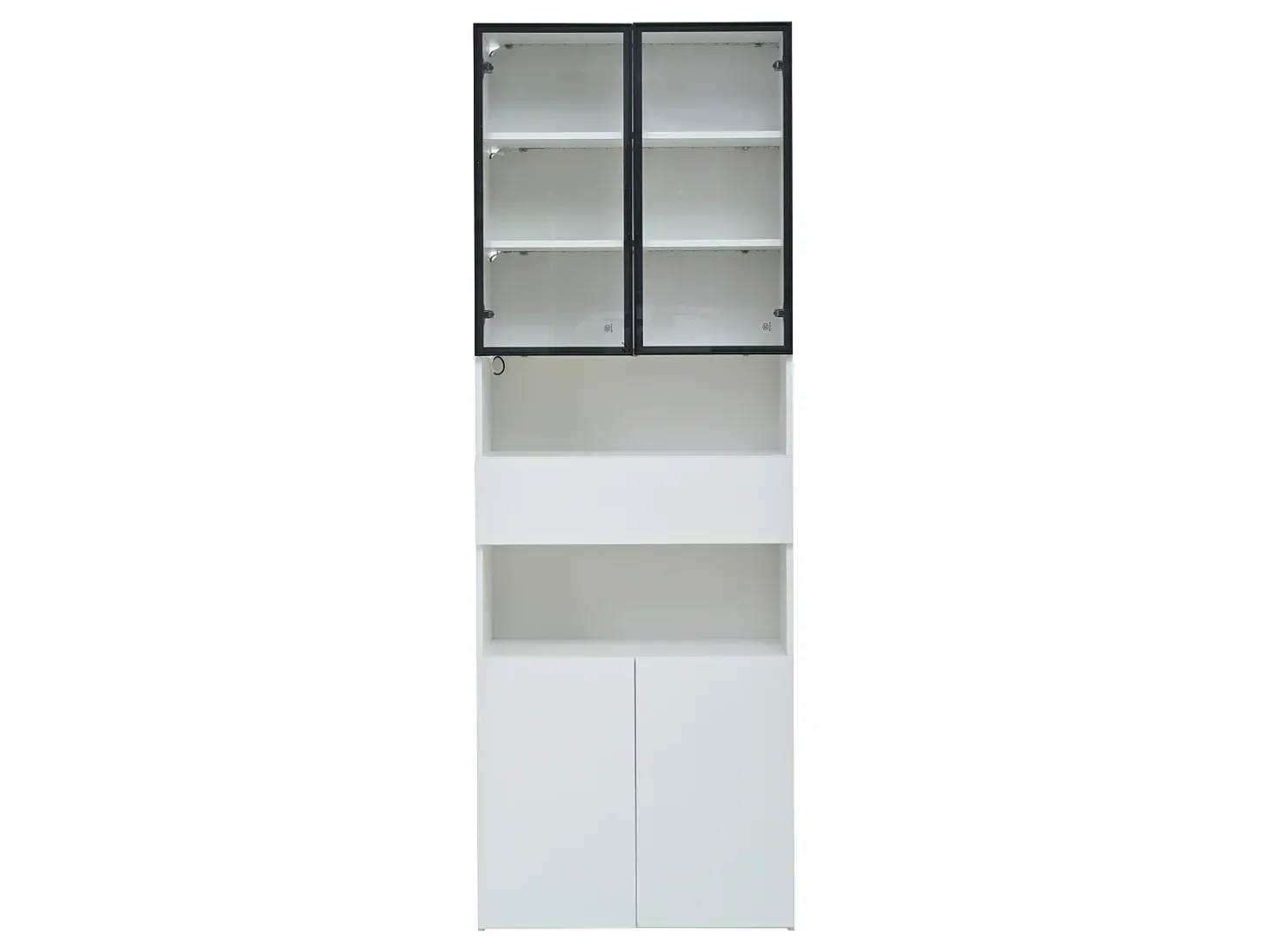 Vitrine branca com 2 portas, 2 portas de vidro, gaveta e luzes LED, aglomerado