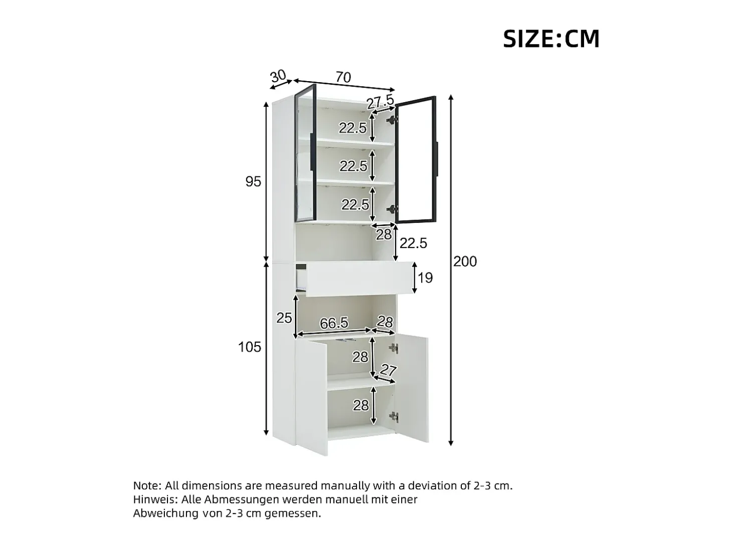 Vitrine branca com 2 portas, 2 portas de vidro, gaveta e luzes LED, aglomerado
