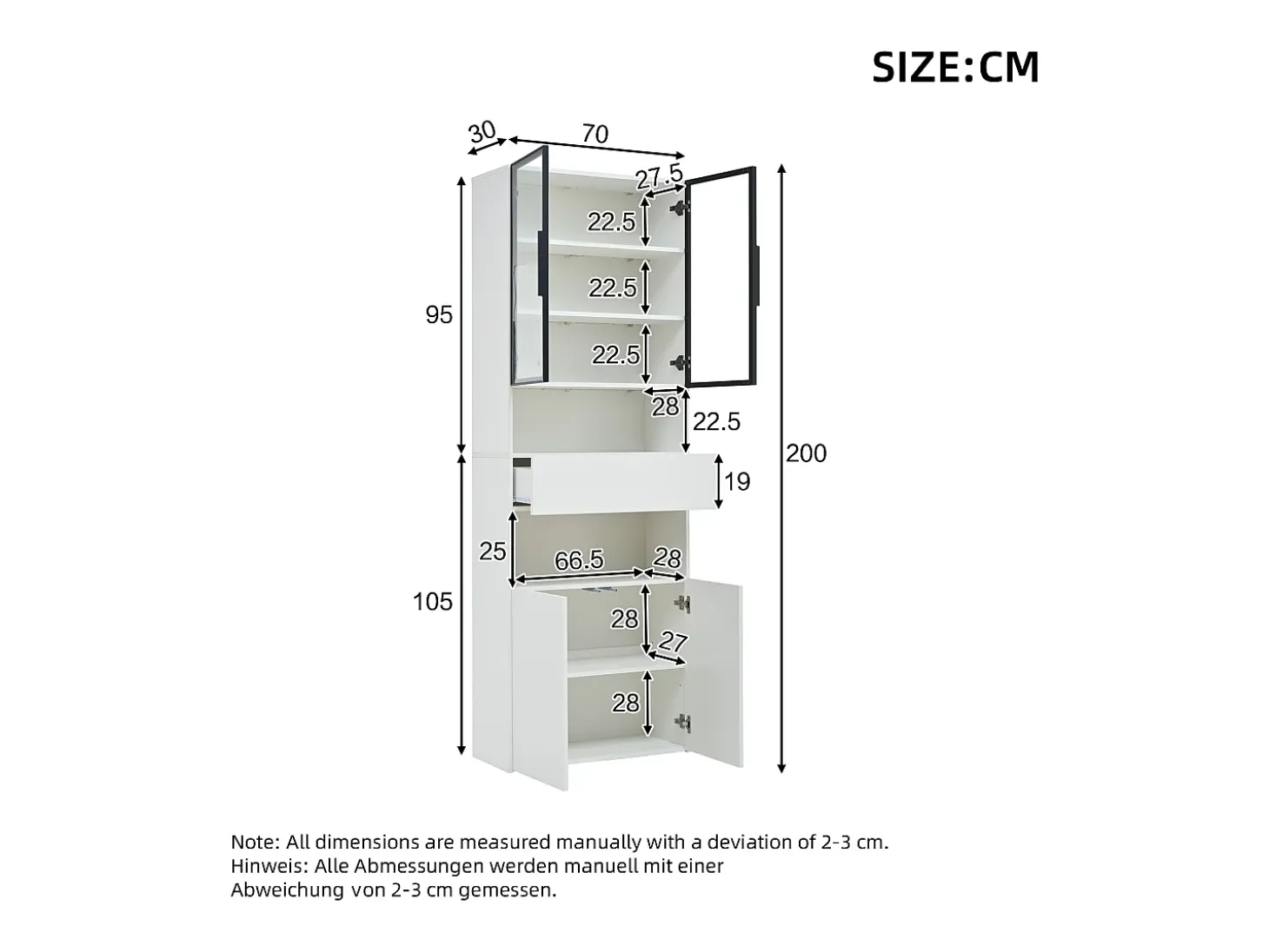 Vitrine branca com iluminação LED - Vitrine com 2 portas de vidro e 2 portas de madeira - 1 gaveta e espaço de arrumação aberto
