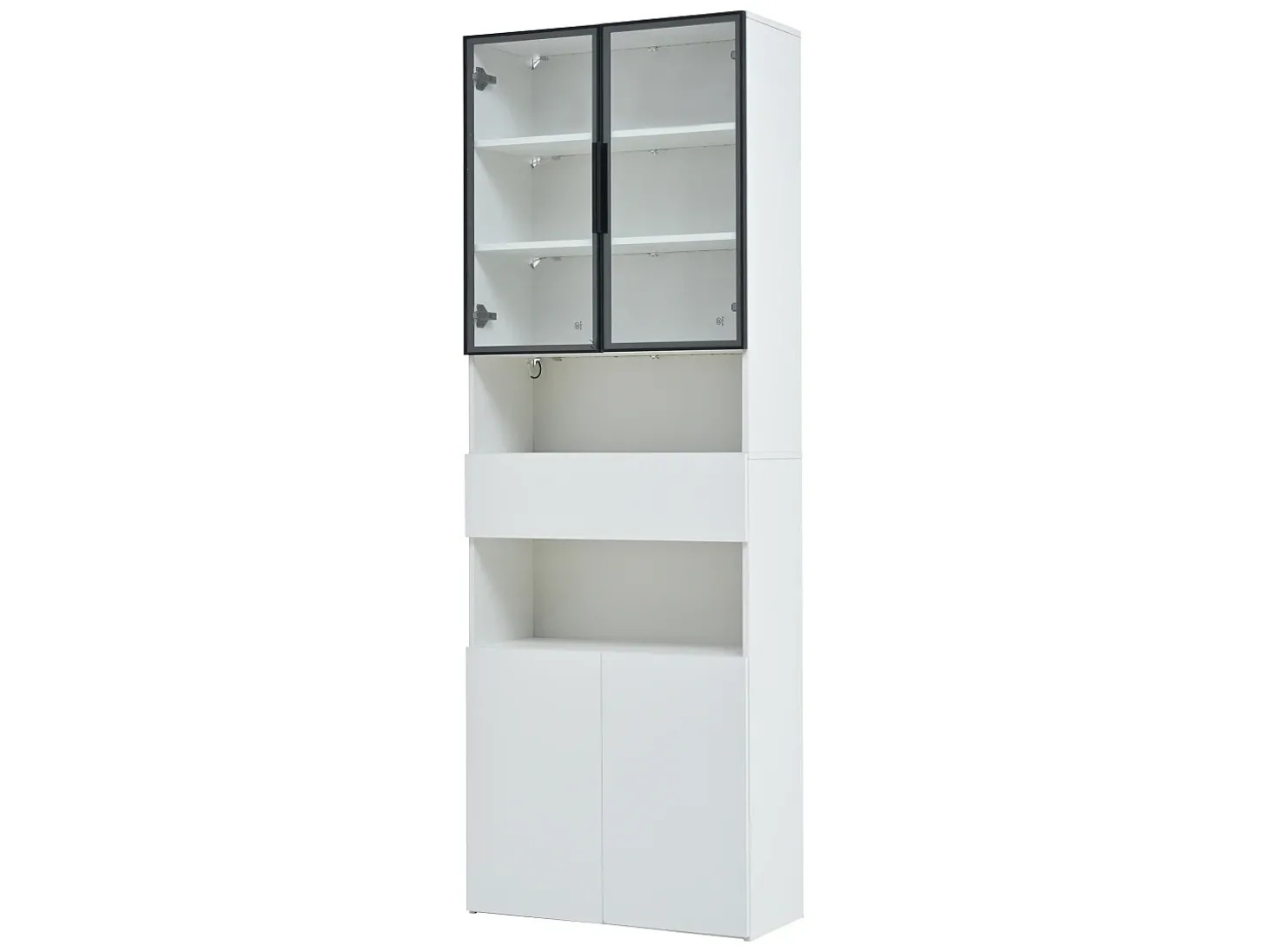 Vitrine branca com iluminação LED - Vitrine com 2 portas de vidro e 2 portas de madeira - 1 gaveta e espaço de arrumação aberto