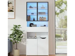 Vitrine branca com iluminação LED - Vitrine com 2 portas de vidro e 2 portas de madeira - 1 gaveta e espaço de arrumação aberto