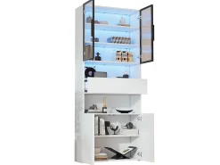 Vitrine branca com iluminação LED - Vitrine com 2 portas de vidro e 2 portas de madeira - 1 gaveta e espaço de arrumação aberto