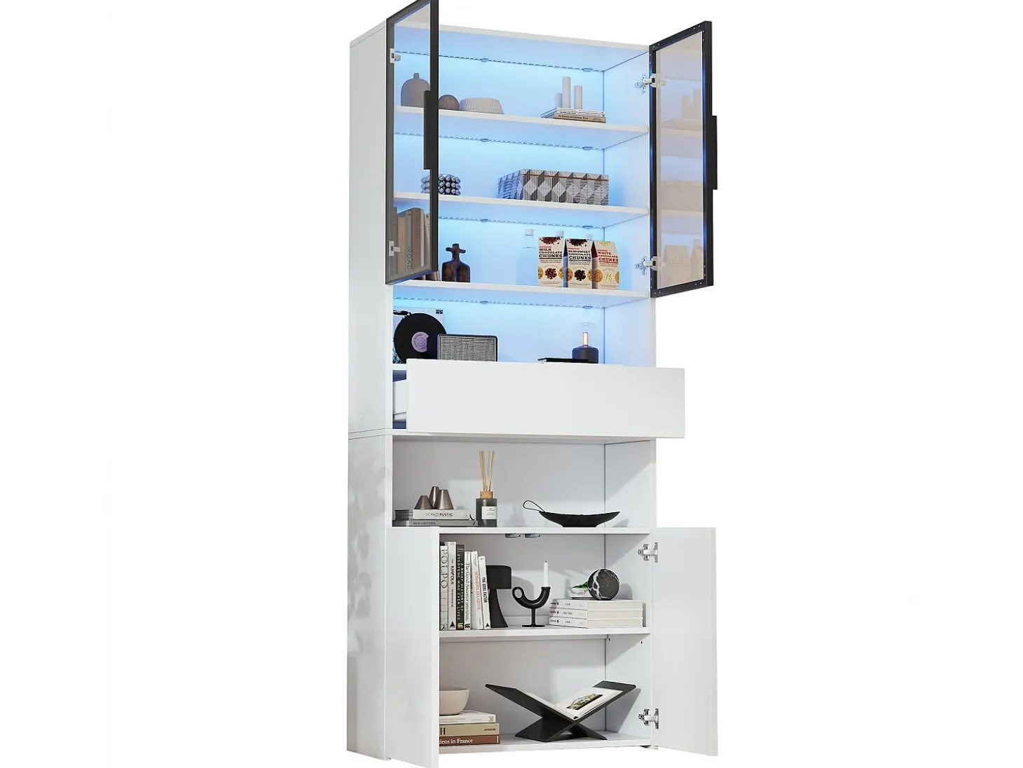 Vitrine branca com iluminação LED - Vitrine com 2 portas de vidro e 2 portas de madeira - 1 gaveta e espaço de arrumação aberto