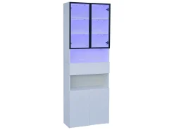 Vitrine branca com iluminação LED - Vitrine com 2 portas de vidro e 2 portas de madeira - 1 gaveta e espaço de arrumação aberto