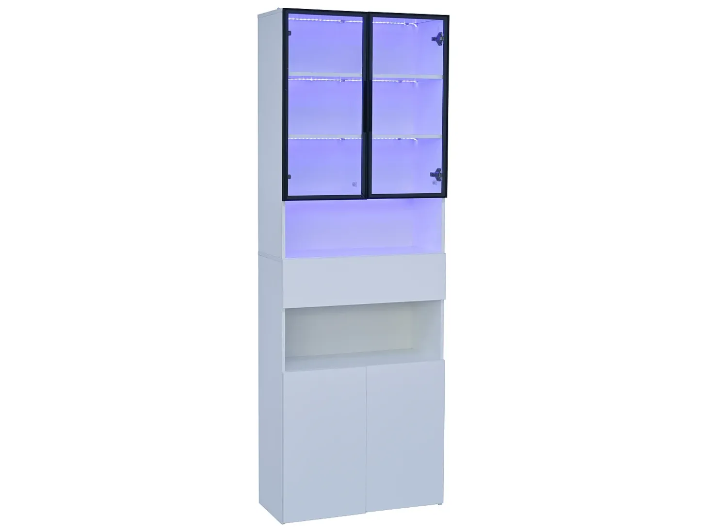 Vitrine branca com iluminação LED - Vitrine com 2 portas de vidro e 2 portas de madeira - 1 gaveta e espaço de arrumação aberto