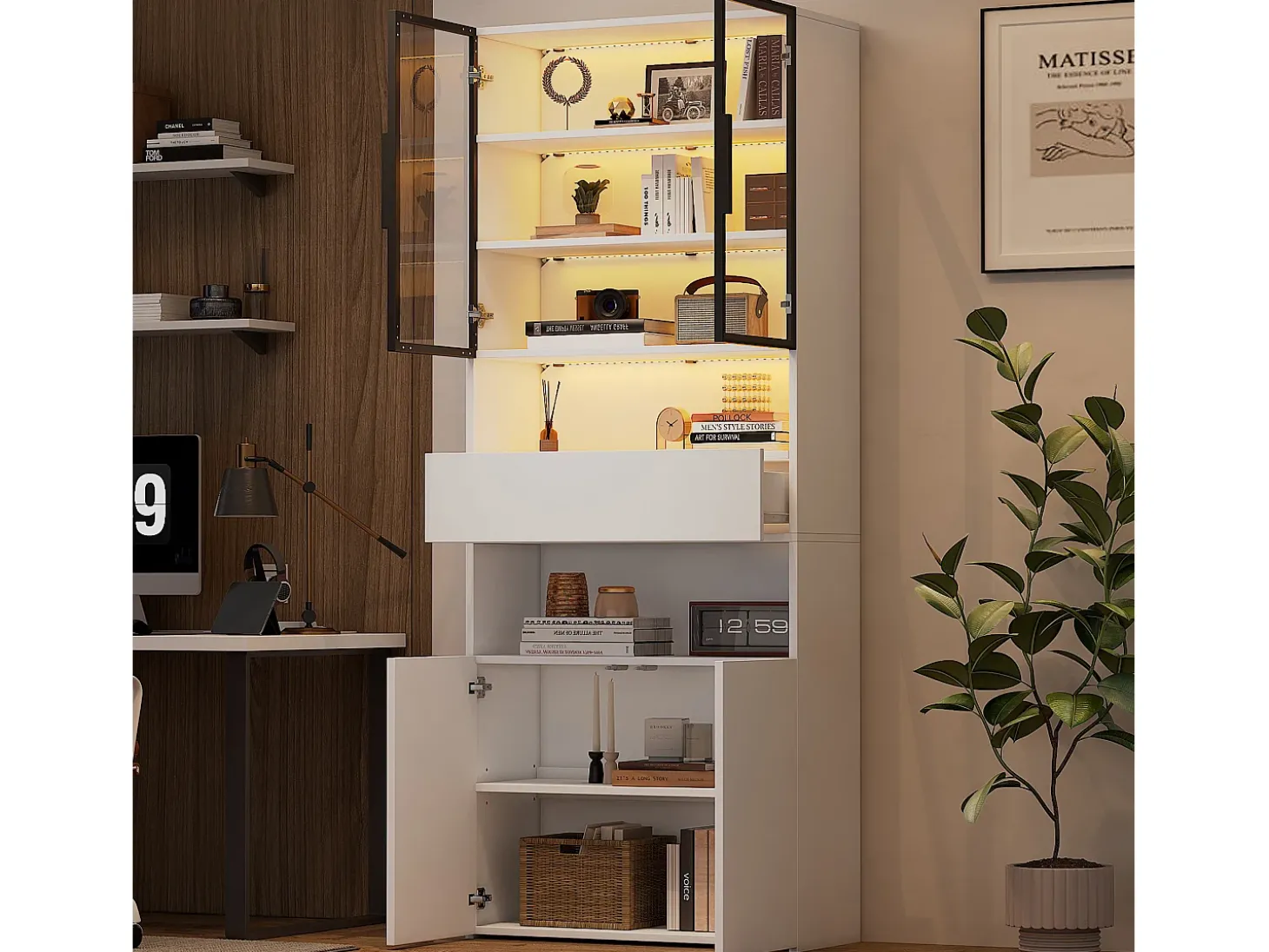 Vitrine branca com iluminação LED - Vitrine com 2 portas de vidro e 2 portas de madeira - 1 gaveta e espaço de arrumação aberto