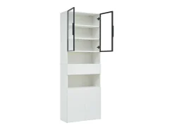 Vitrine branca com iluminação LED - Vitrine com 2 portas de vidro e 2 portas de madeira - 1 gaveta e espaço de arrumação aberto