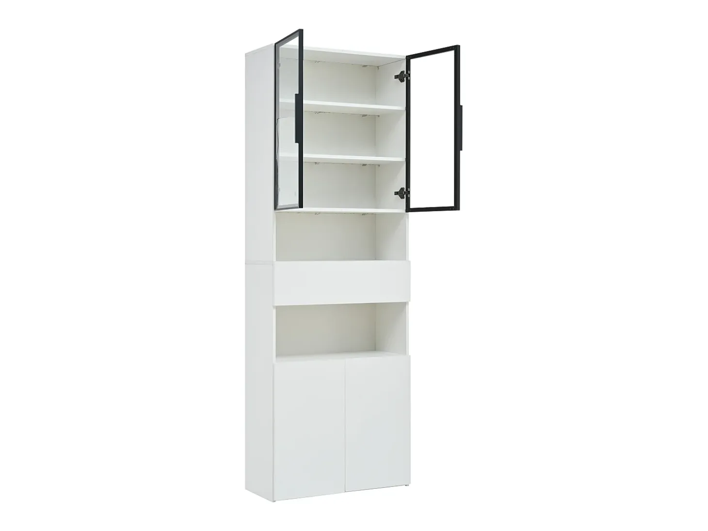 Vitrine branca com iluminação LED - Vitrine com 2 portas de vidro e 2 portas de madeira - 1 gaveta e espaço de arrumação aberto
