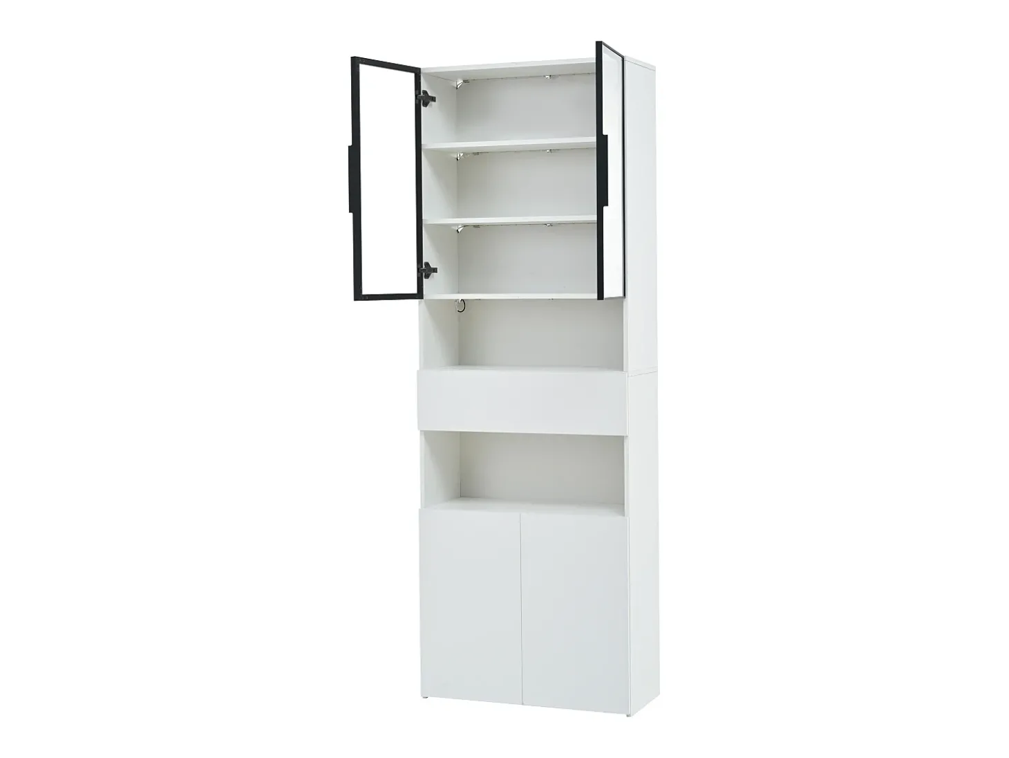 Vitrine branca com iluminação LED - Vitrine com 2 portas de vidro e 2 portas de madeira - 1 gaveta e espaço de arrumação aberto