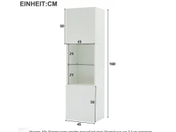 Vitrine branca de alto brilho com 2 portas e 1 prateleira de vidro, LED incluído - 45x35x160cm