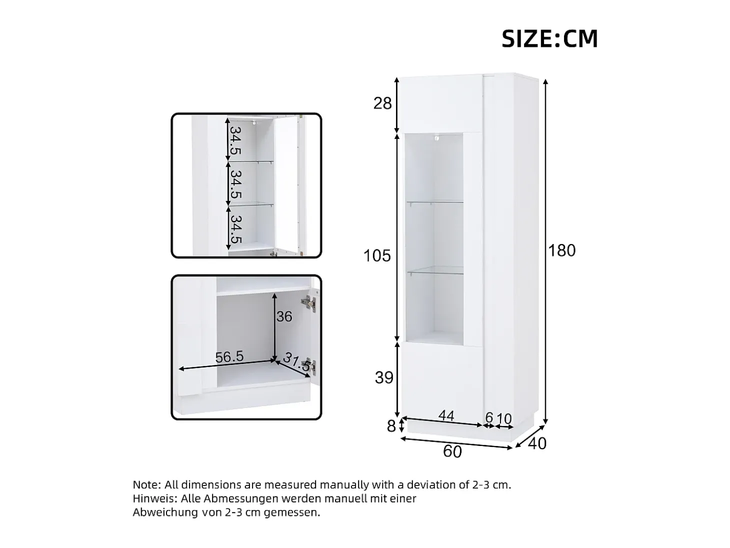 Vitrine brilhante 60×40×180 cm - com iluminação LED - 1 porta - branco