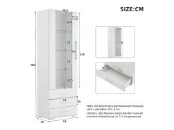 Vitrine brilhante - com LED - 3 gavetas e prateleiras - 60x35x180 cm - MDF - Branco