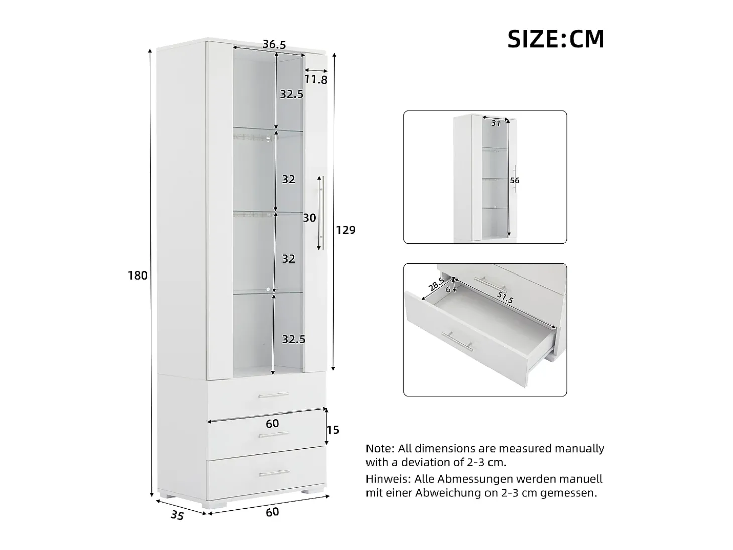 Vitrine brilhante - com LED - 3 gavetas e prateleiras - 60x35x180 cm - MDF - Branco