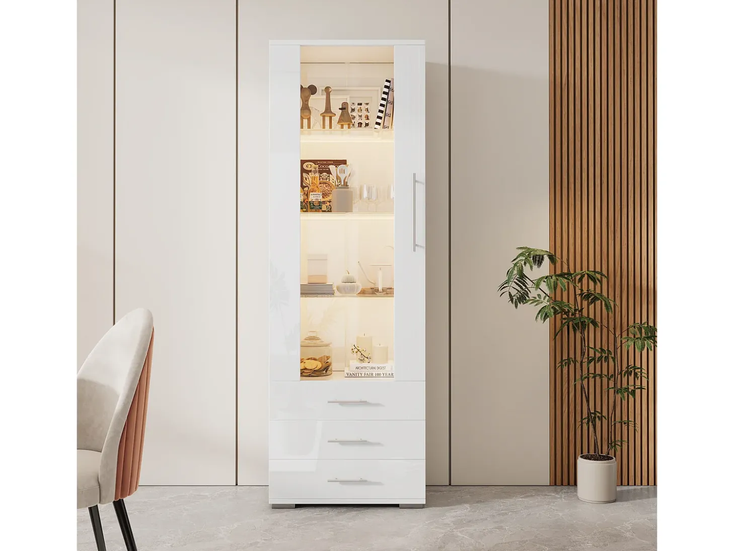 Vitrine brilhante - com LED - 3 gavetas e prateleiras - 60x35x180 cm - MDF - Branco