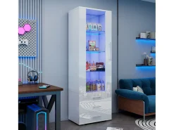Vitrine brilhante - com LED - 3 gavetas e prateleiras - 60x35x180 cm - MDF - Branco