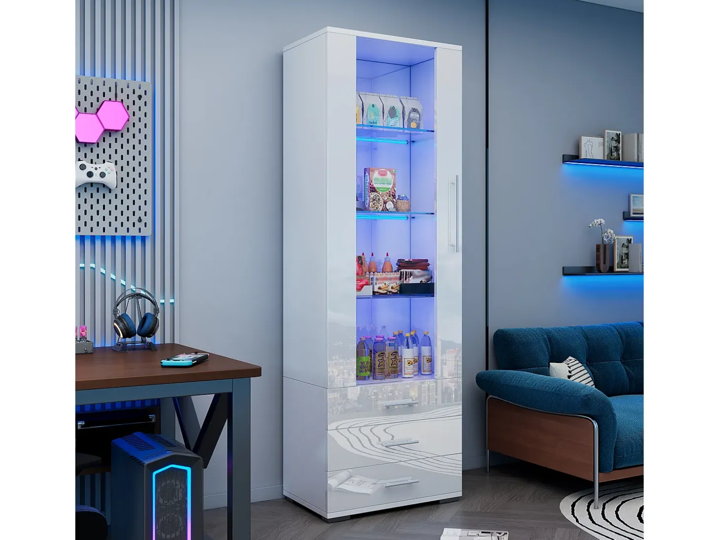 Vitrine brilhante - com LED - 3 gavetas e prateleiras - 60x35x180 cm - MDF - Branco