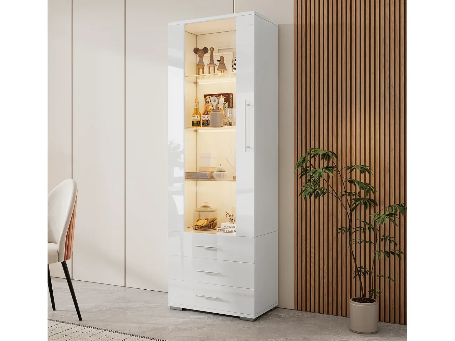 Vitrine brilhante - com LED - 3 gavetas e prateleiras - 60x35x180 cm - MDF - Branco