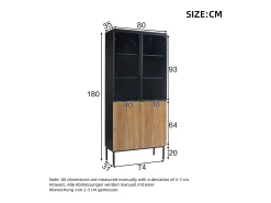 Vitrine com 2 portas de vidro e 2 portas de madeira, corpo em preto e natural, LED incluído - 80x35x180cm