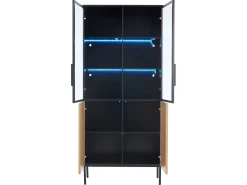 Vitrine com 2 portas de vidro e 2 portas de madeira, corpo em preto e natural, LED incluído - 80x35x180cm