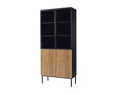 Vitrine com 2 portas de vidro e 2 portas de madeira, corpo em preto e natural, LED incluído - 80x35x180cm