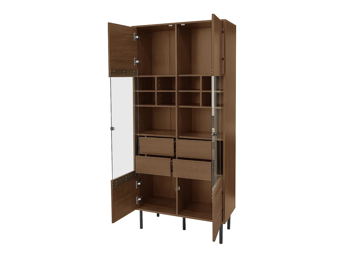 Vitrine com 2 portas de vidro e 4 gavetas - Cor madeira escura