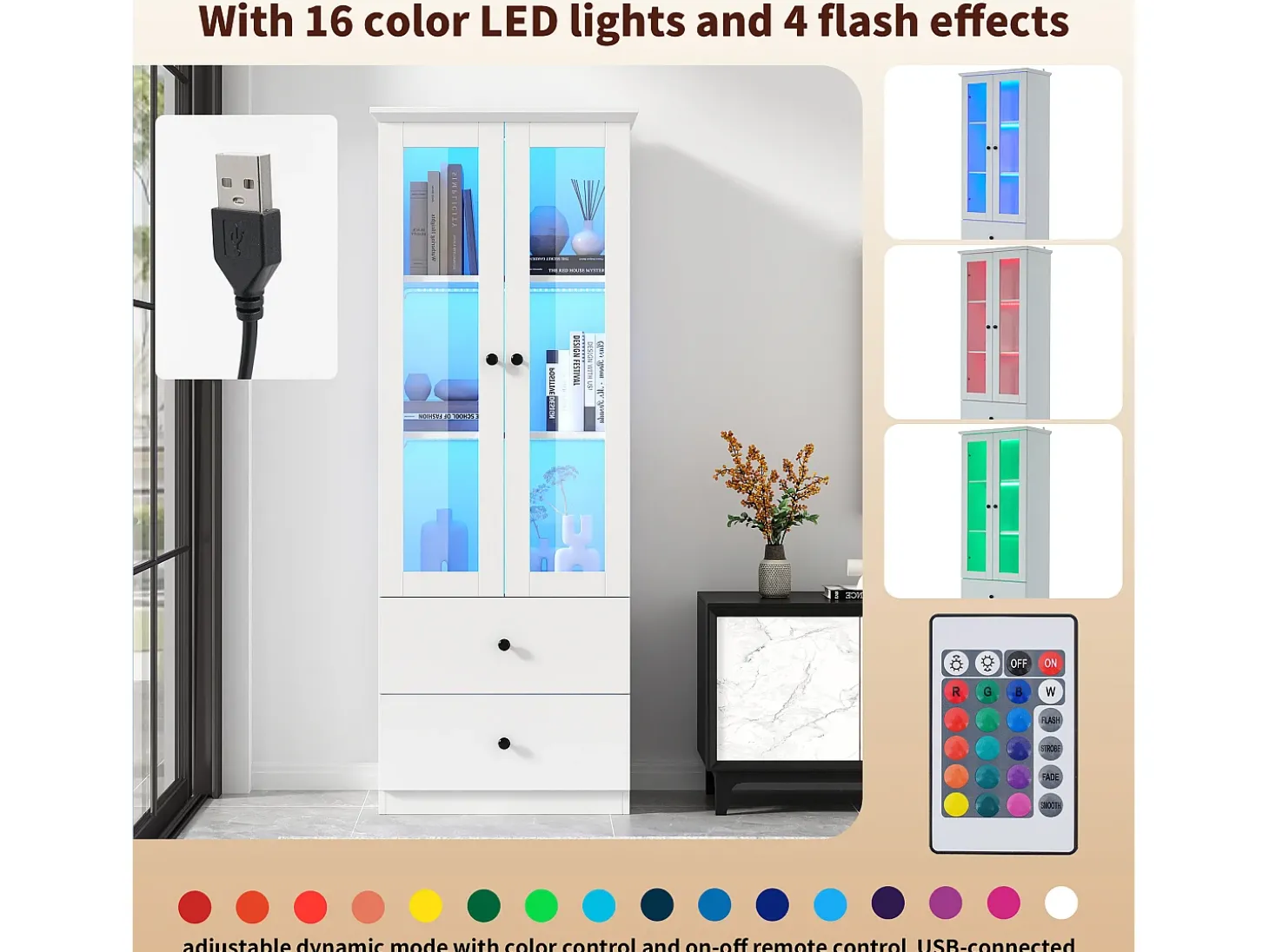 Vitrine com 2 portas e 2 gavetas - 60 x 36 x 165 cm - LEDs - Prateleiras reguláveis - Aglomerado + MDF - Branco