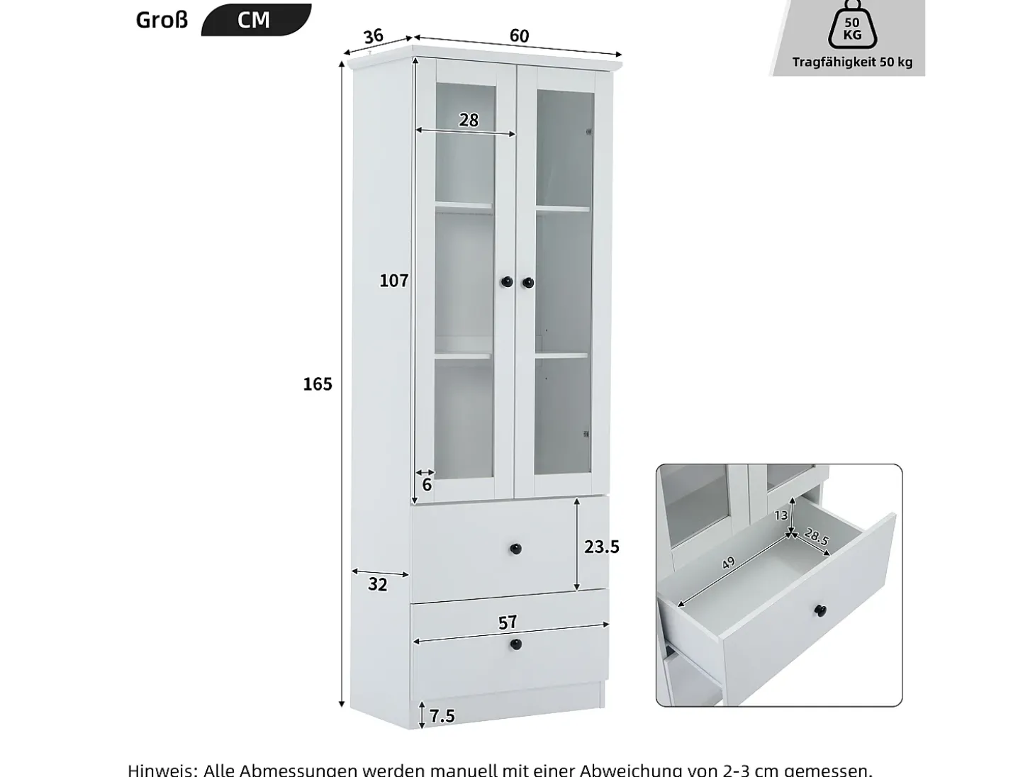 Vitrine com 2 portas e 2 gavetas - 60 x 36 x 165 cm - LEDs - Prateleiras reguláveis - Aglomerado + MDF - Branco