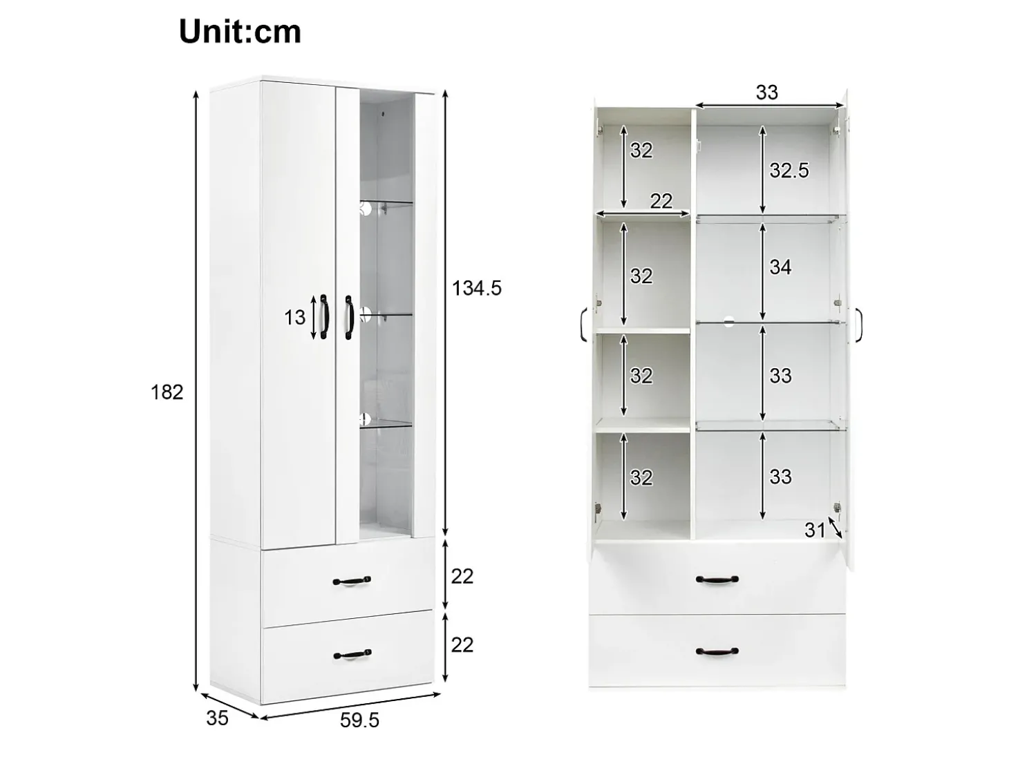 Vitrine com 2 portas e 2 gavetas e LED - Altura 180cm - Branco