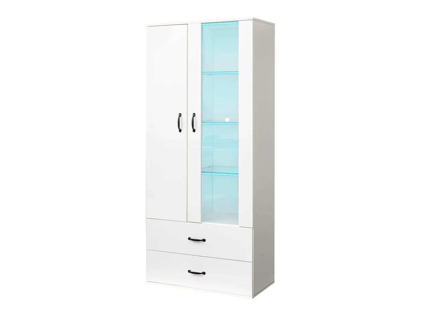 Vitrine com 2 portas e 2 gavetas e LED - Altura 180cm - Branco