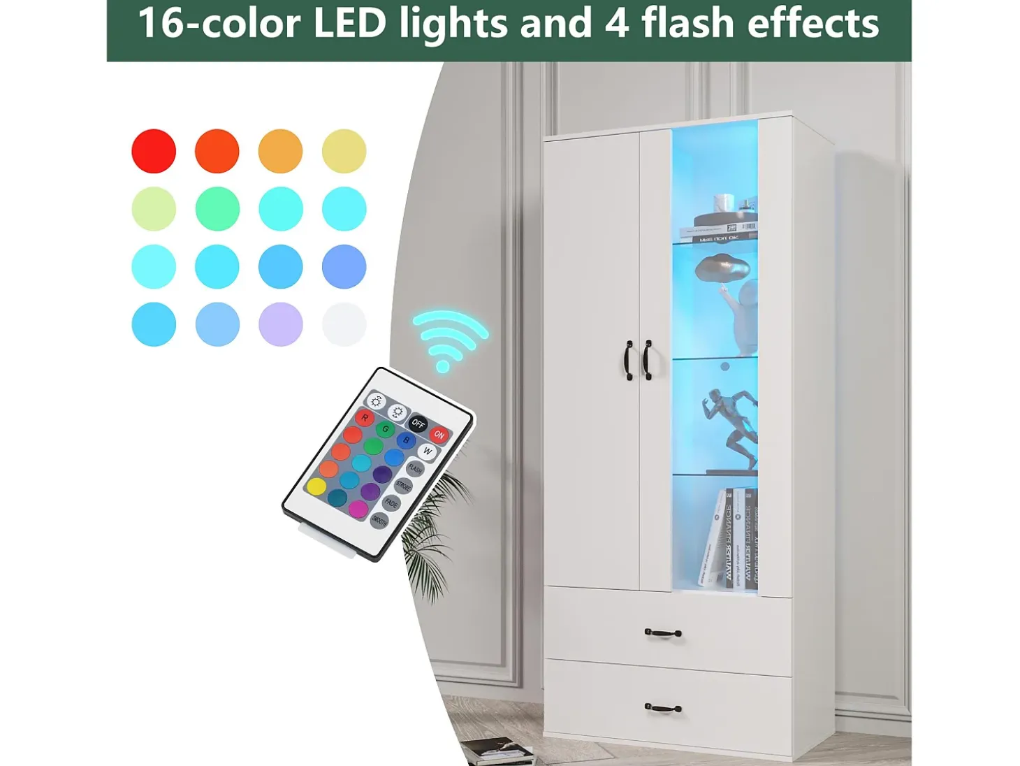 Vitrine com 2 portas e 2 gavetas e LED - Altura 180cm - Branco